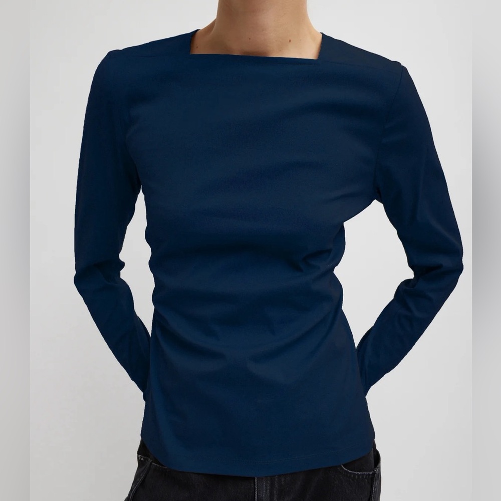 NWT Tibi Stretch Cotton Nylon Square Neck Slim Circular Sleeve Top - Navy